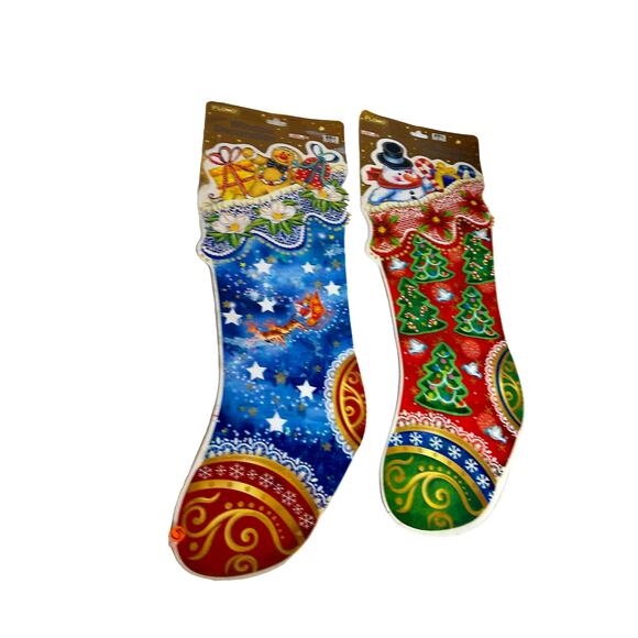 Vintage Flomo Glitter Window Decoration Cling Christmas Stockings SET OF 2 - Picture 1 of 8